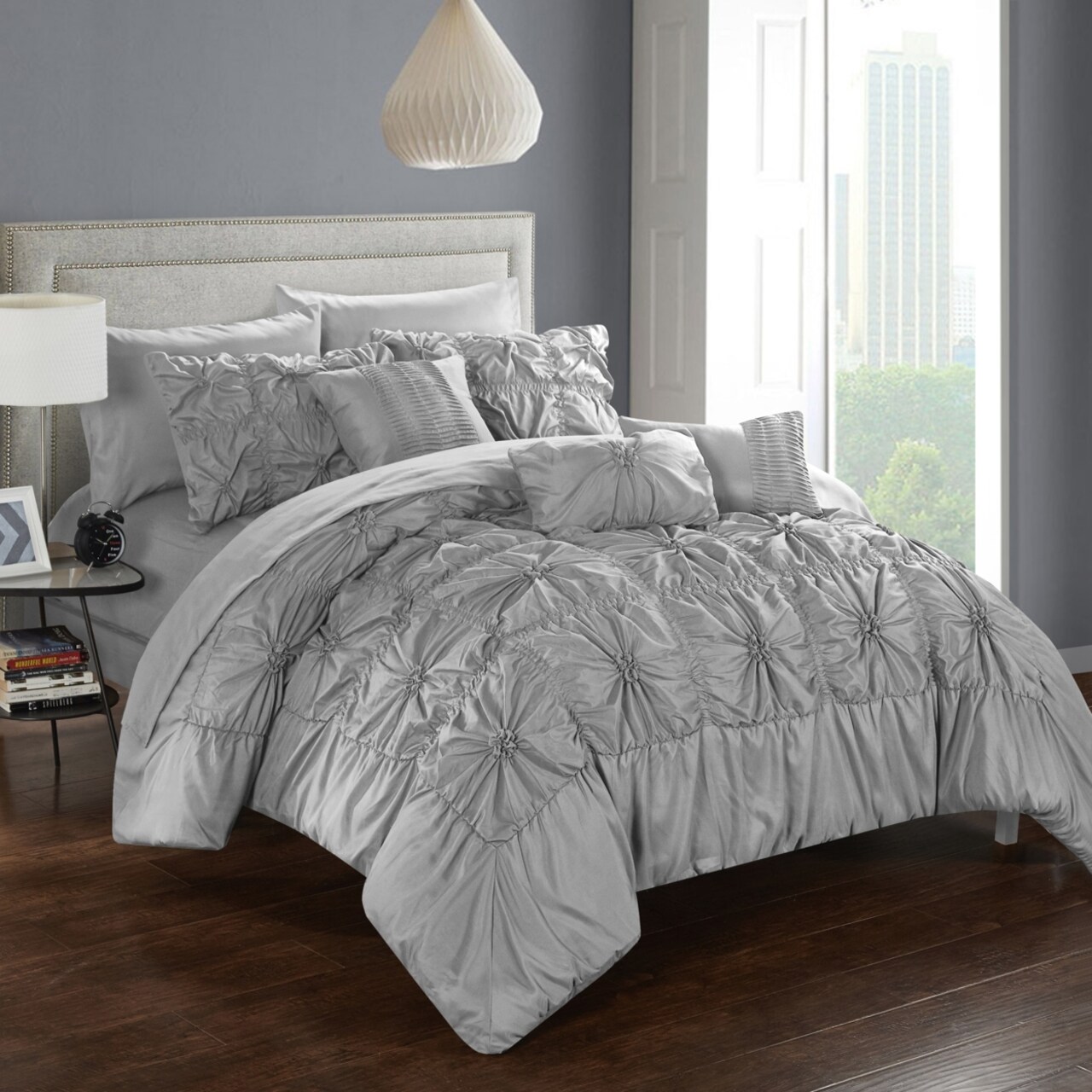Chic Home 8/10 Piece Sheffield Floral Pinch Pleat Ruffled Designer Embellished Bed In a Bag Comforter Set With sheet